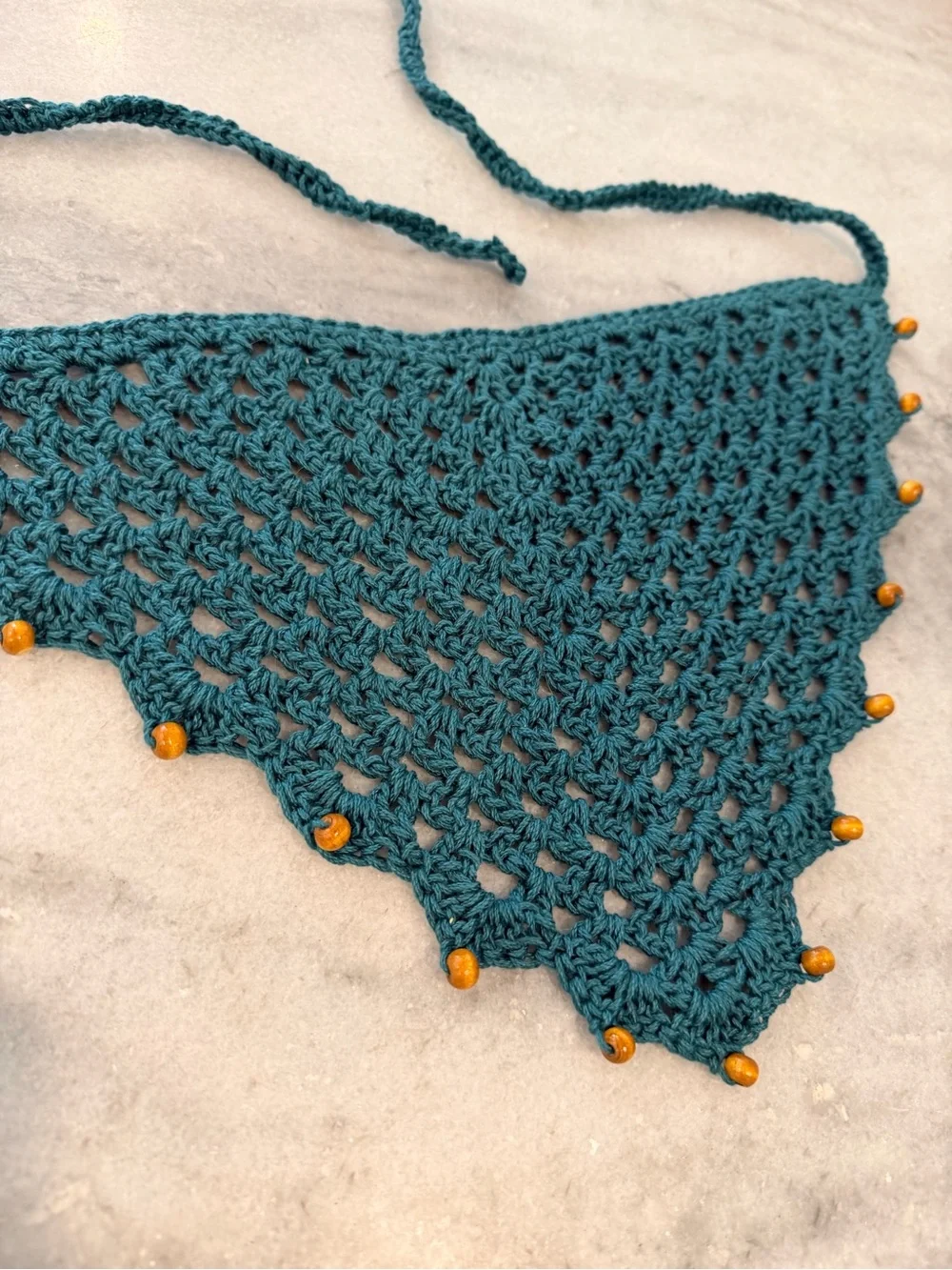Handmade Crochet Wood Beaded Kerchief Head Scarf Cotton Boho Bandana Cottagecore